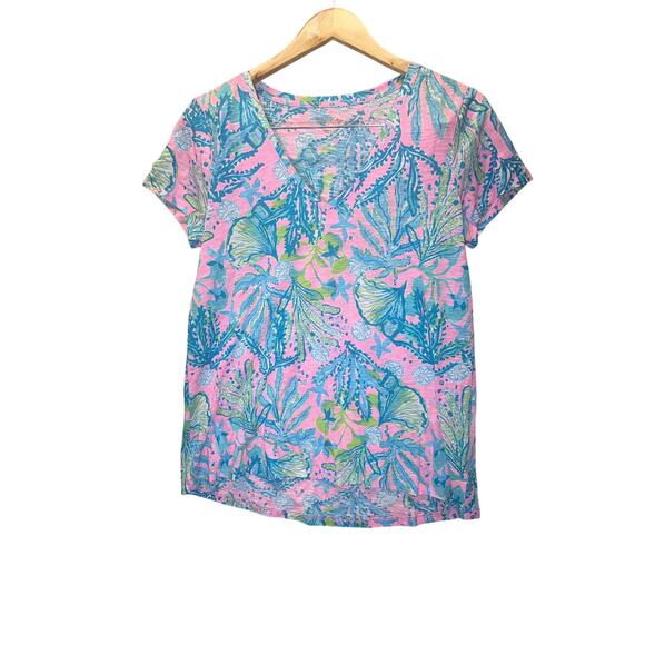 Lilly Pulitzer V-Neck Top M Mandevilla Baby Hip Nautic Pink Blue Nautical Print - Picture 1 of 5